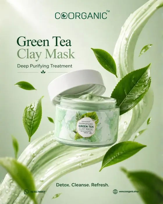Green tea clay mask skincare poster